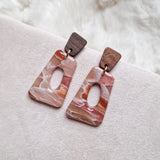 Earrings Dusty Pink Stone Rectangle Wood